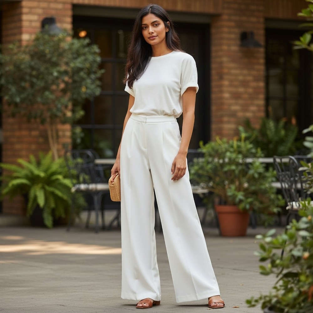 ZARA wide leg trousers women medium off-white high waisted pleated dress pants